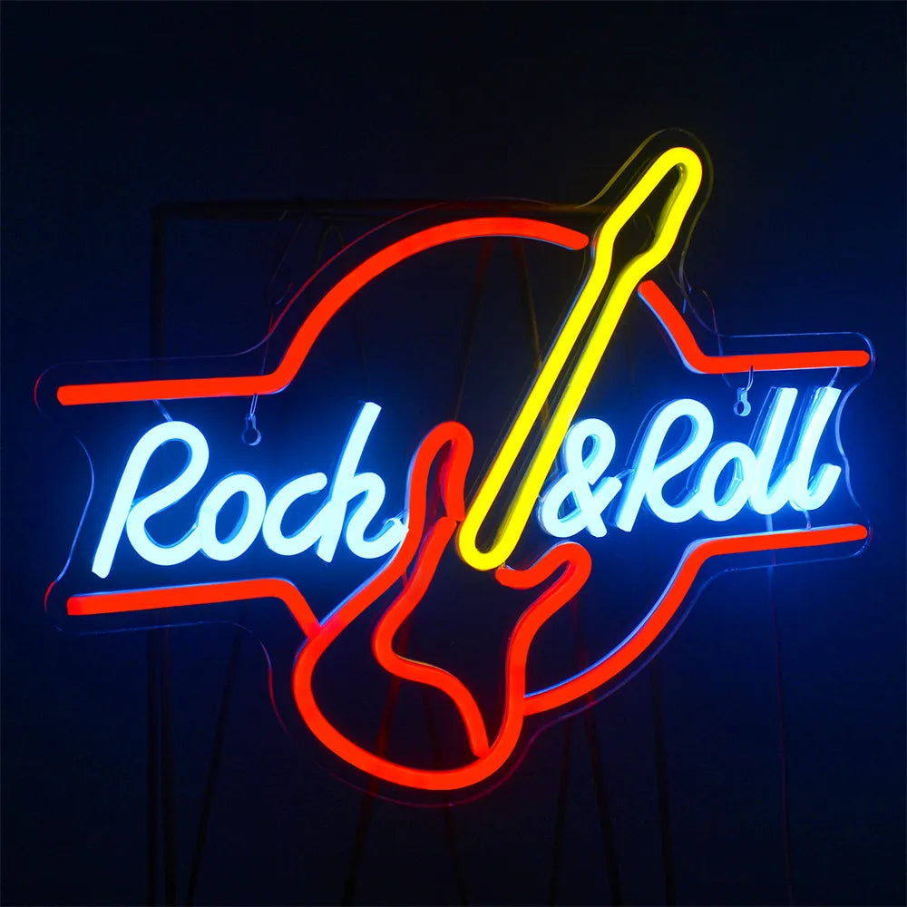 Rock & Roll Neon Signs | Guitar Music LED Wall Art Signage Lighting