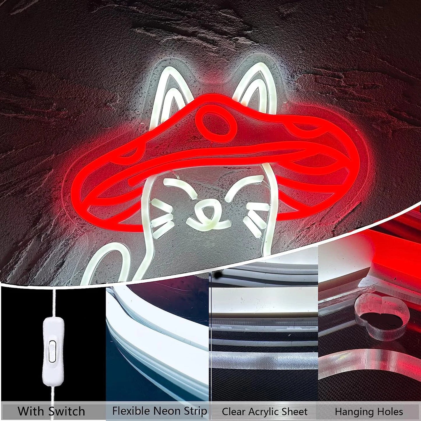 Cat with Mushroom Hat Neon Sign | Animal Collection