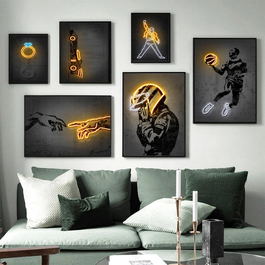 Neon Light Motorcycle Helmet Neon Poster | Abstract Oil Painting Wall Art