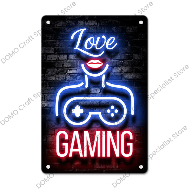 Neon Gaming Poster | Vintage Metal Tin Signs | Sleep Game Retro Metal Wall Art