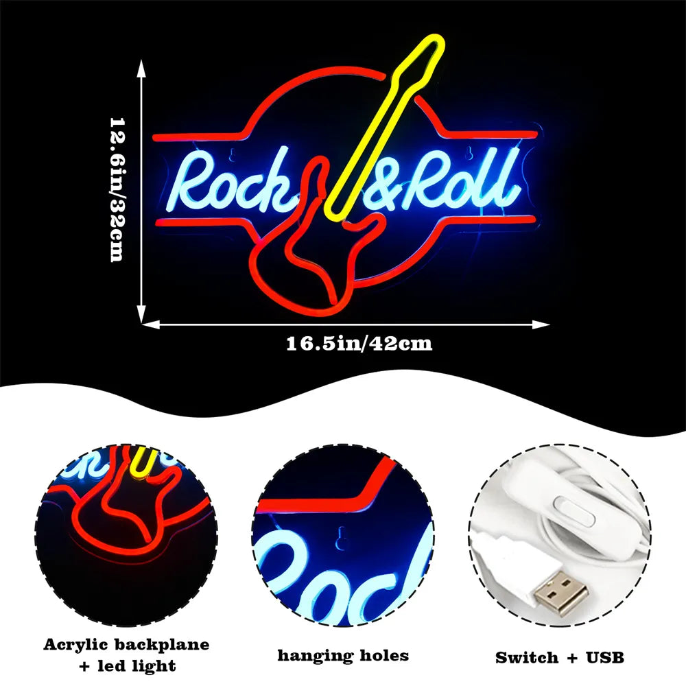 Rock & Roll Neon Signs | Guitar Music LED Wall Art Signage Lighting