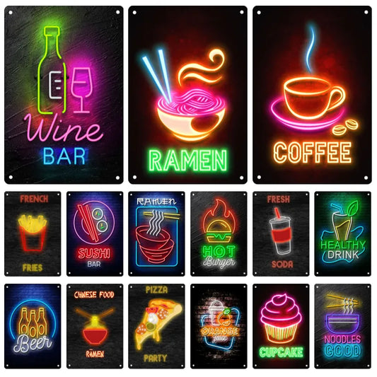 Neon Burger Metal Poster Sign | Coffee Ramen Wine Bar Wall Art Signage