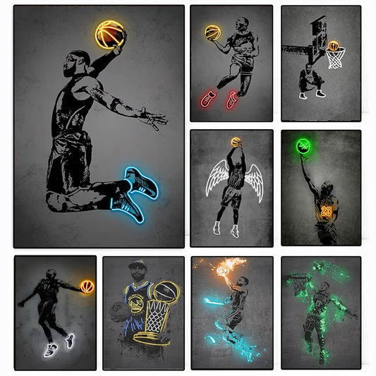 Glowing Poster Basketball Player Painting | Canvas Neon Abstract Pop Art